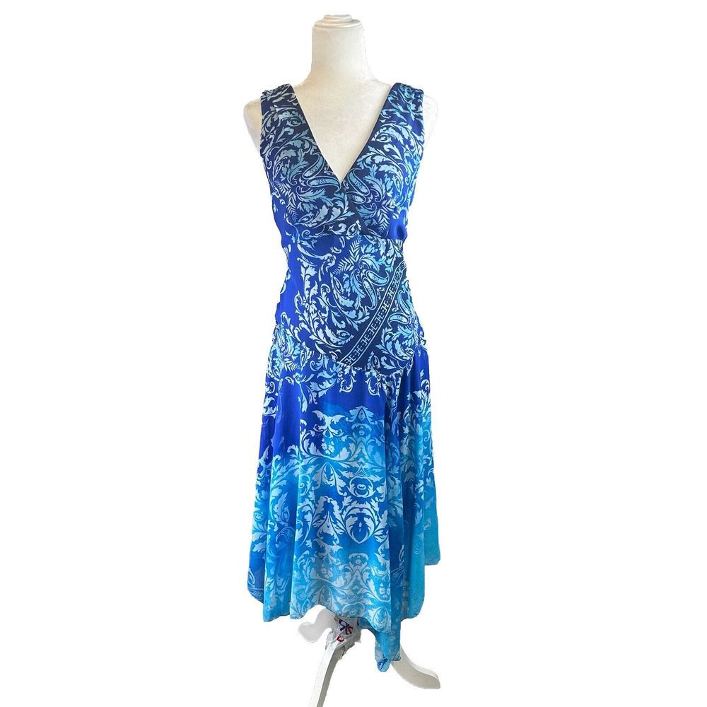 Womens Size 10 Paisley Midi Sleeveless Dress Blue‎ Assymetrical Hem Resortwear - Picture 3 of 16
